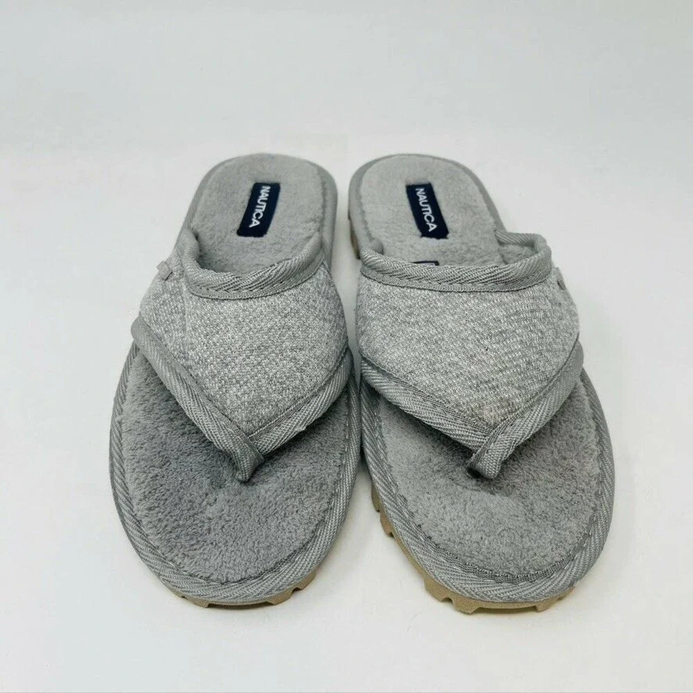 New Nautica Womans Sz 9M Fuzzy Faux Fur Gray Slip-On Slippers Hard Bottoms NWT - Picture 4 of 8